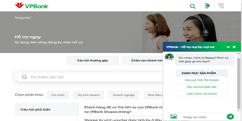 Màn hình nhắn tin trên website của VPBank